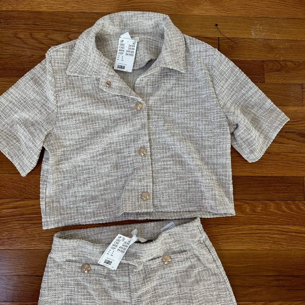 Chic Beige Tweed Crop Top and Skirt Set